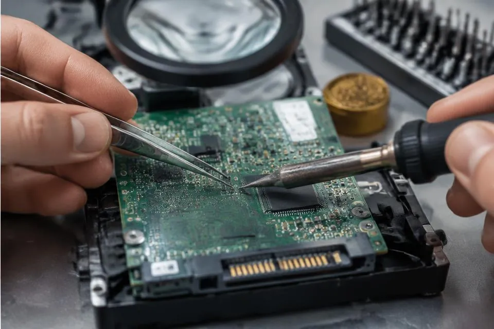 Technician soldering a hard disk PCB
